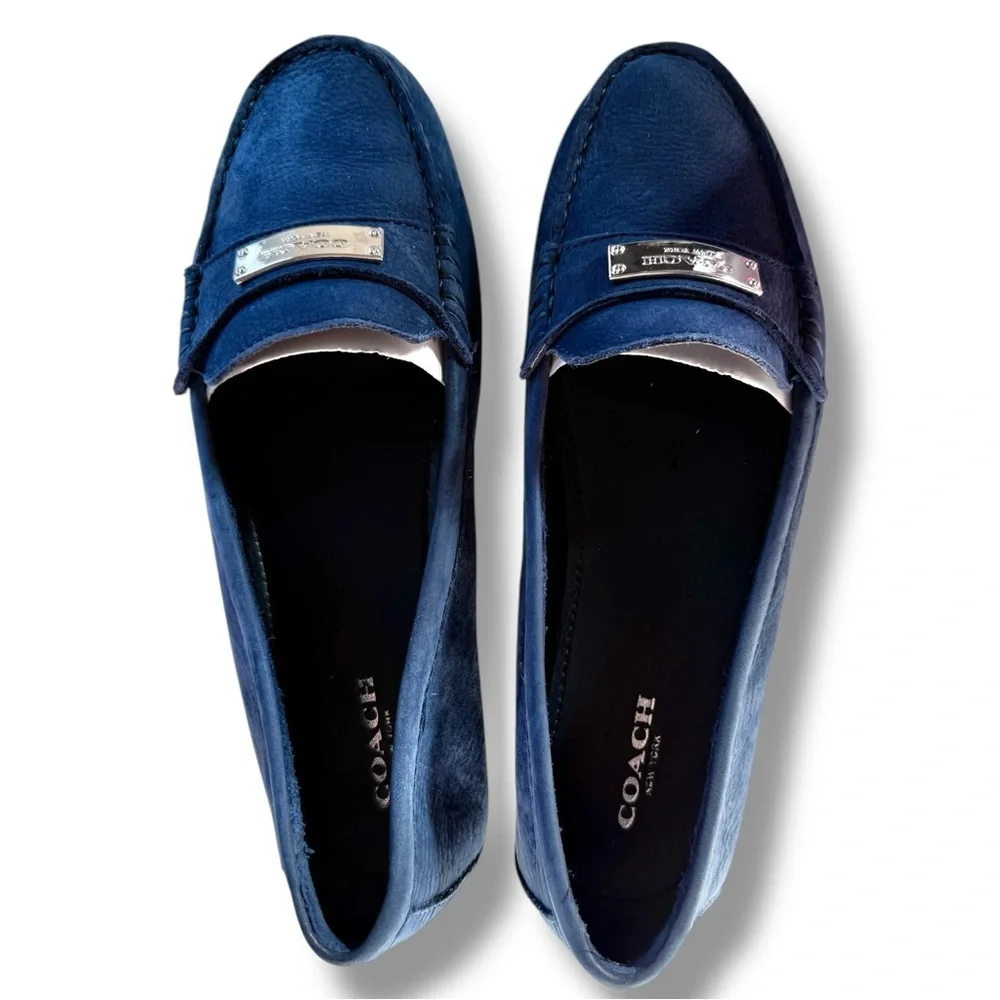 Coach Fredrica Nubuck Leather Driving Loafers Shoes Size 8 Navy Blue